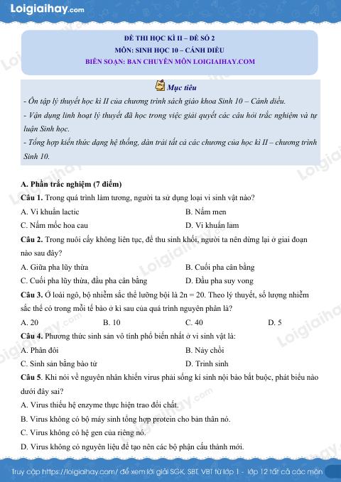 Đề thi học kì 2 Sinh 10 Cánh diều - Đề số 2